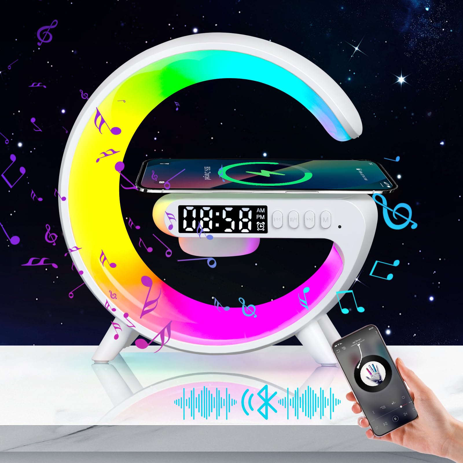 Longzhuo LED Table Lamp with Wireless Charger Atmosphere Lamp Bluetooth Speaker Alarm Clock Night Light for Bedside Dorm Office, Kids Adults Desk Table Lamp Christmas Gift Home Decor (White)