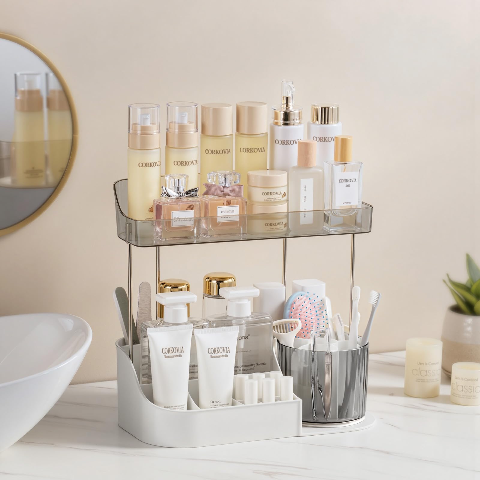 Organizador De Maquillaje Giratorio CORKOVIA 2 Niveles - Bandejas Para Pinceles, Labiales, Cremas, Ideal Para Baño Y Tocador, Color Blanco