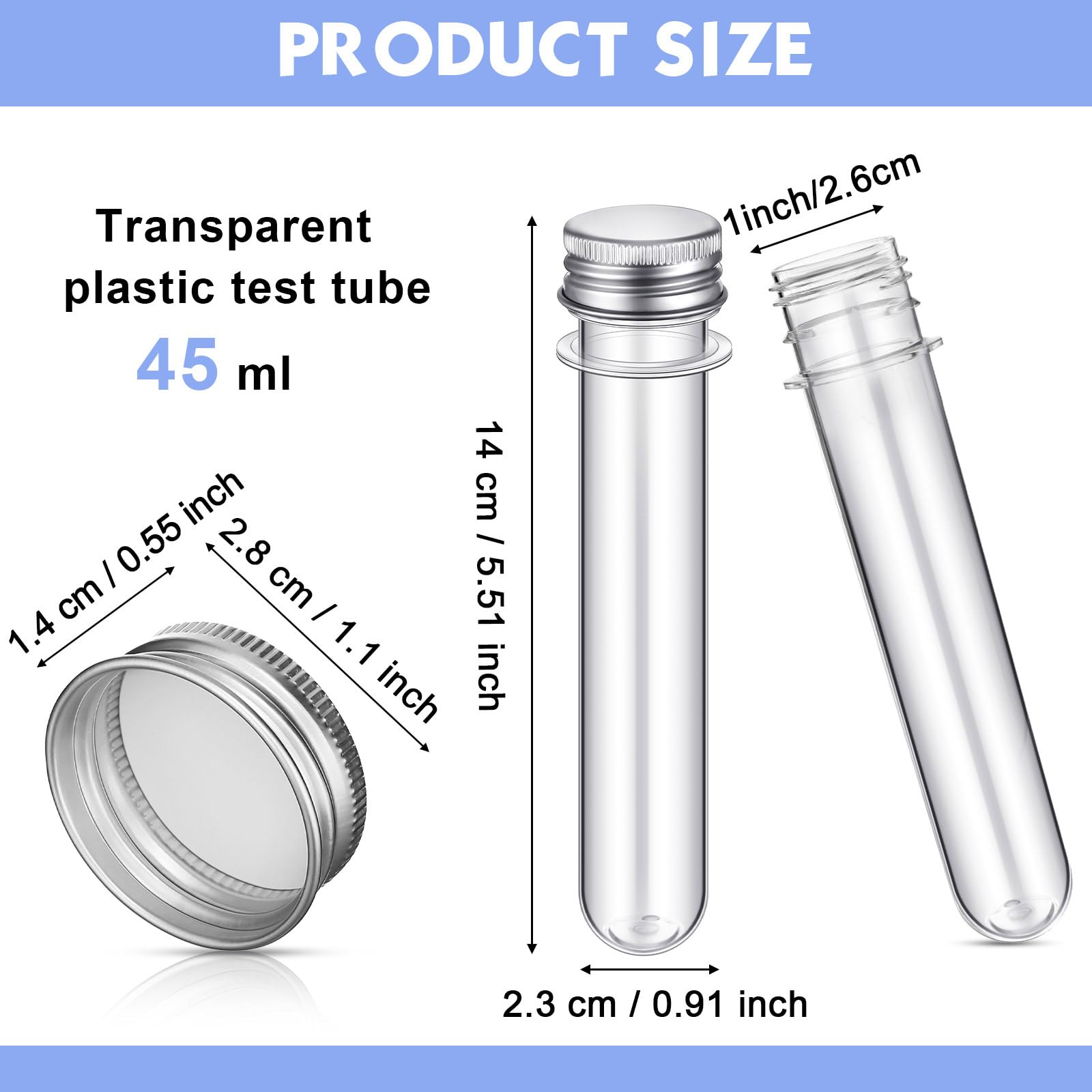 Provette in plastica trasparente da 45 ml, 25 x 140 mm, con coperchio cilindrico in alluminio, fiale in plastica per caramelle, spezie e fiori secchi, decorazione per la casa, esperimenti scientifici