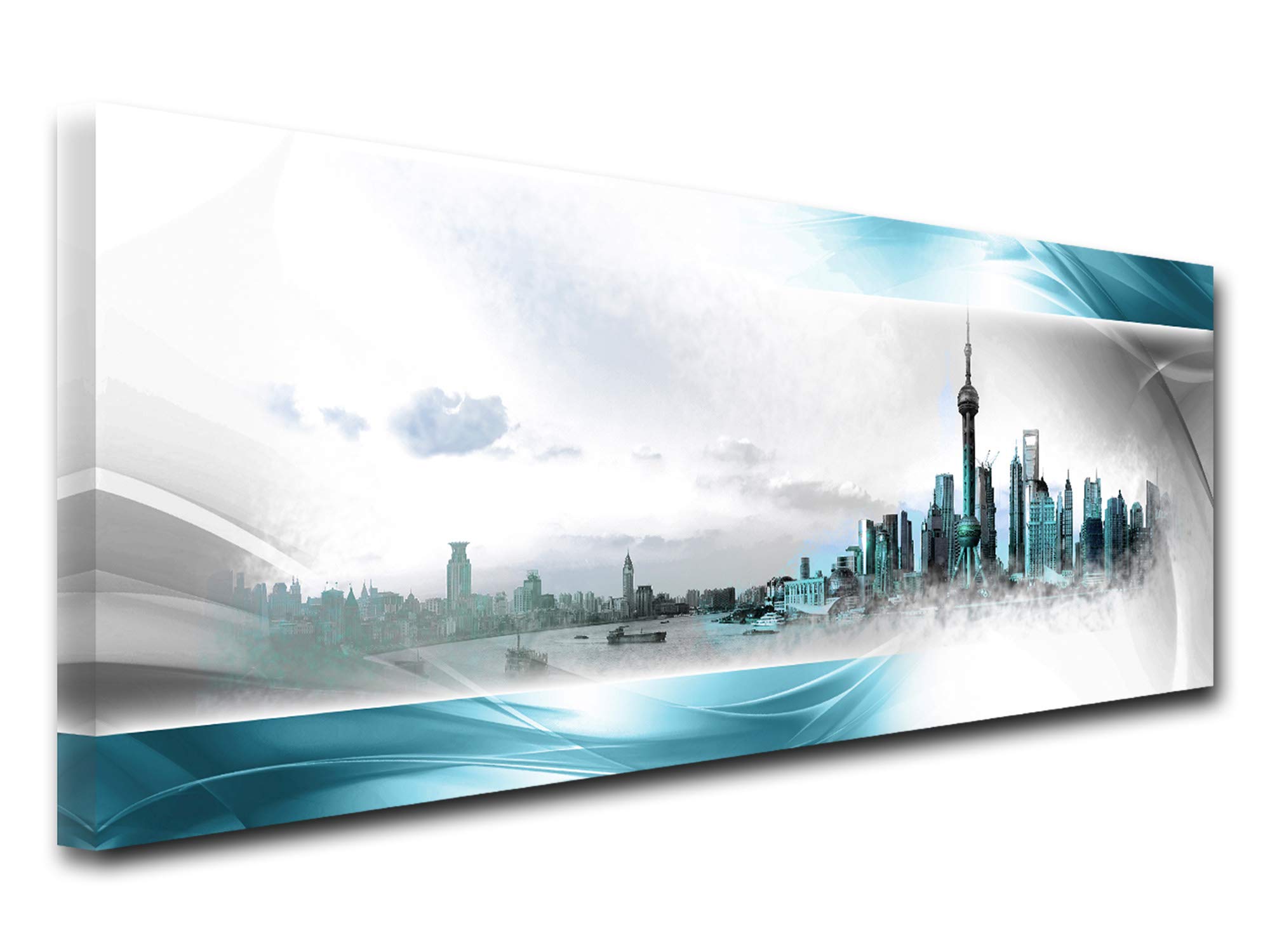 Declina, Quadro decorativo da parete per soggiorno moderno, quadro decorativo da parete, tela panorama di Shanghai rosso 100 x 35 cm, CANVAS, Turquoise, 120x50 cm