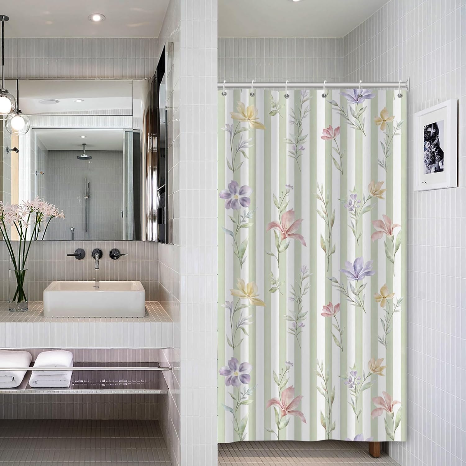 Baocicco Watercolor Hanging Floral Shower Curtain Spring Botanical Colorful Wildflower Vines Shower Curtains for Bathroom Home Bathtubs Waterproof Fabric Bathroom Accessories with Hooks 84x72 Inches