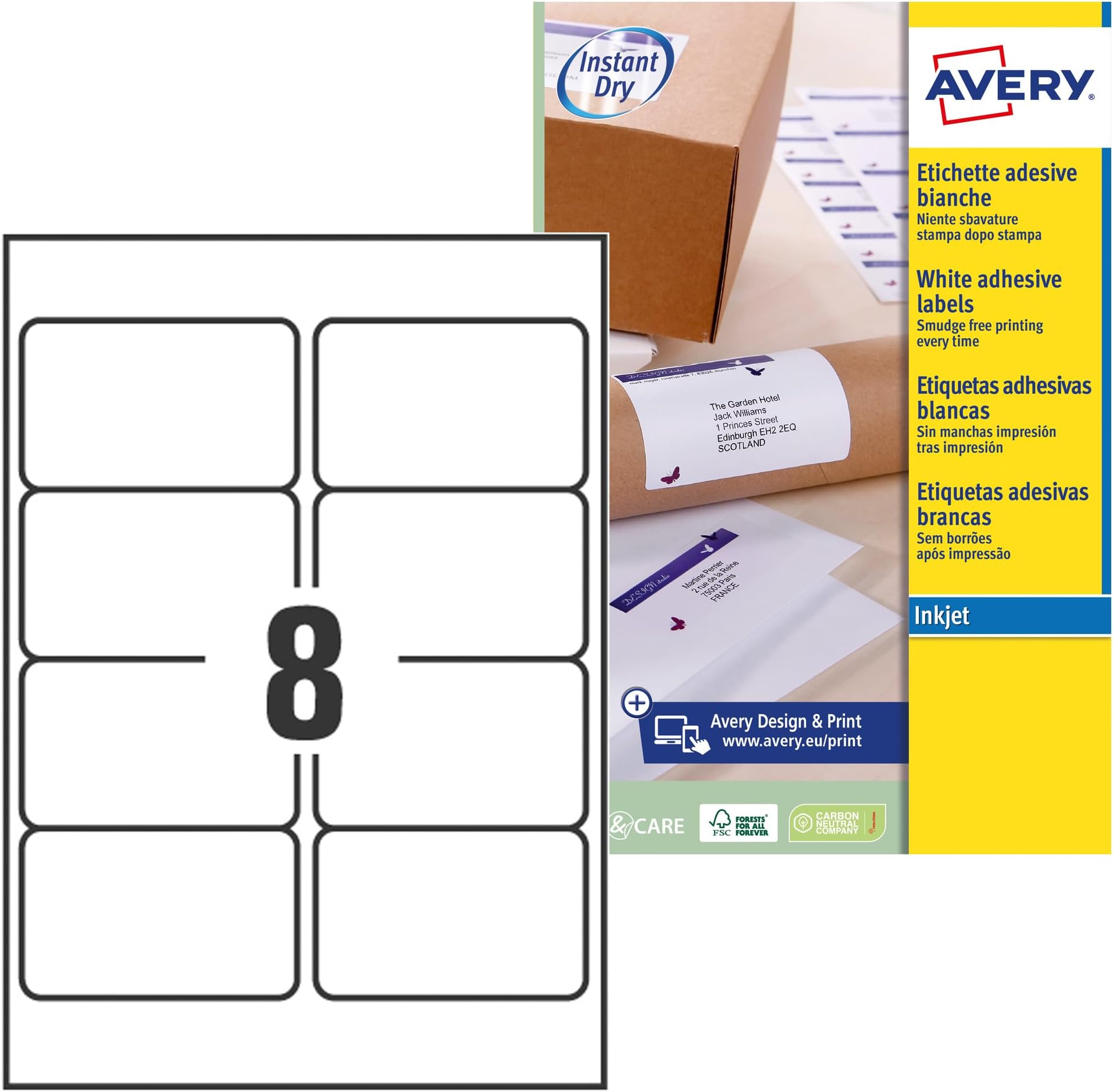 Smudge Free, Printable, Multi Purpose Labels, QuickDRY, 99.1 x 67.7 mm, White, 8 Labels per sheet, 200 Blank labels per pack (J8165-25)