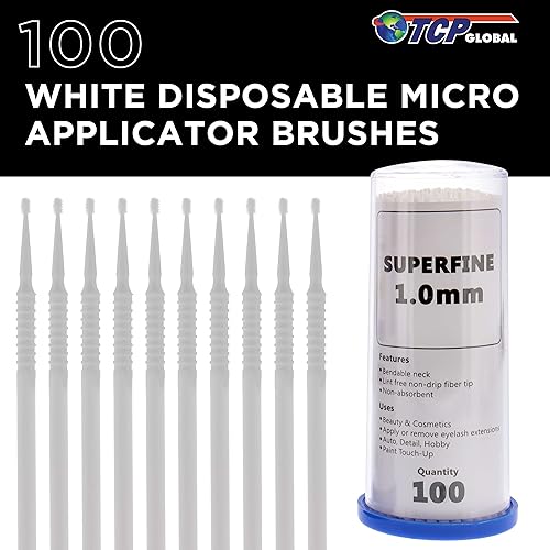 Miniatura 2 de TCP Global 100 cepillos de retoque de pintura, aplicadores tipo cepillos micro descartables, blancos con puntas finas de 1,0 mm, para taller de