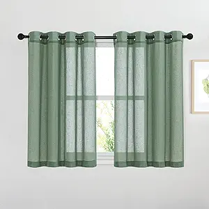 NICETOWN Semi Sheer Short Curtains for Small Window, Eyelet Top Bedroom Curtain Drapes Privacy with Light Filtering Linen Blend for Bedroom/Cafe/Kitchen, Olive Green, 2 Panels, W52 x L45