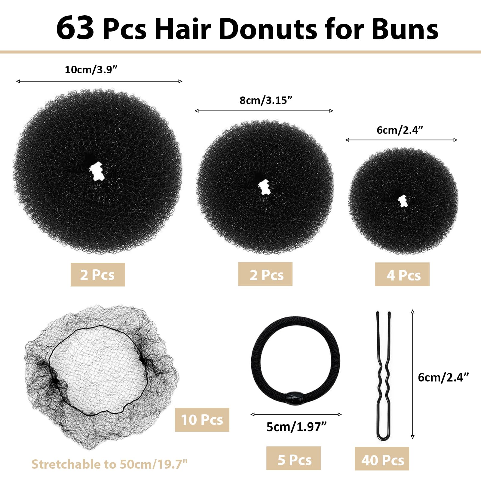 Ciambelle per chignon, set da 63 pezzi con retine per chignon, forcine e fasce elastiche, ciambelle per capelli, accessori per capelli per ragazze, bambini, donne, ballerine (nero)