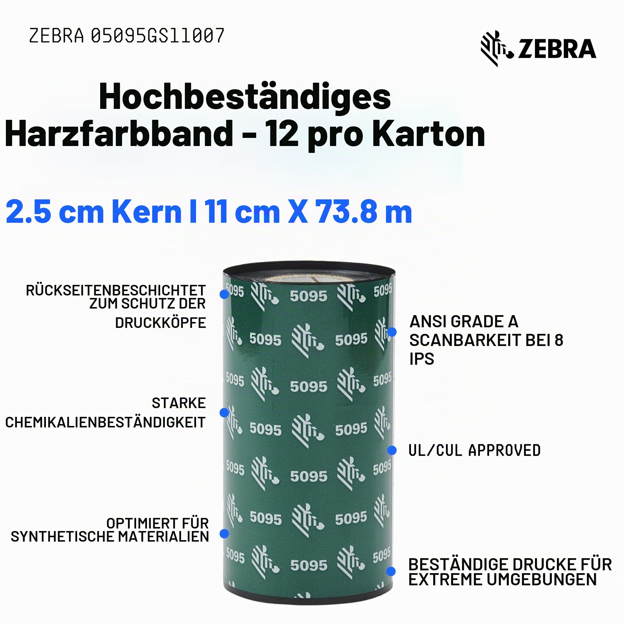 Zebra 05095GS11007 Ribbon 5095 Resin, 110 mm, 74 m, C-12.7 mm, Box of 12