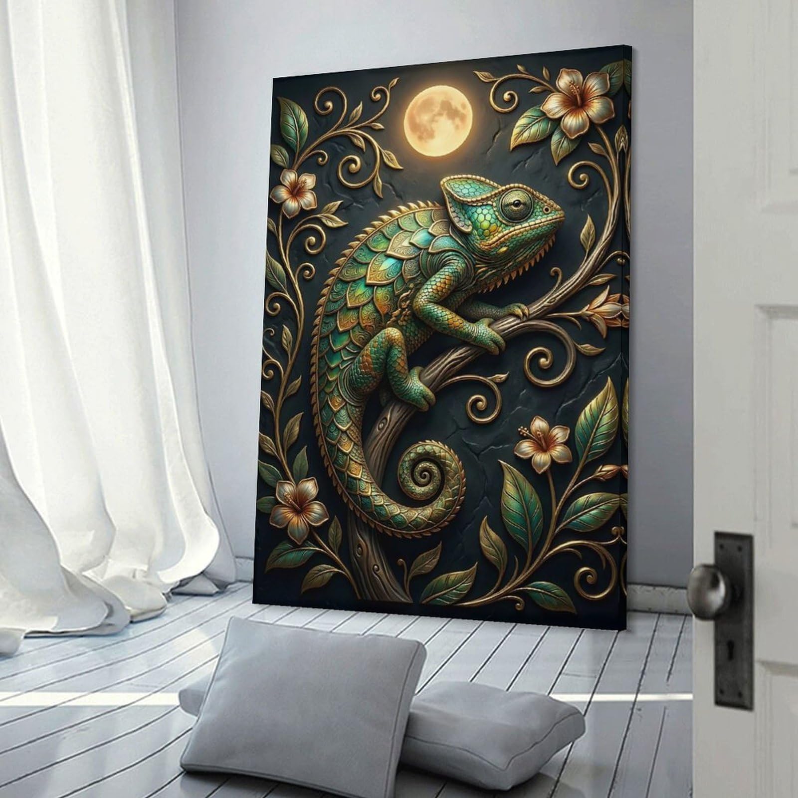 Junmoney Ornate Chameleon with Moon And Flowers Wall Art Print, 20x30inch(50x75cm), for Wall Displays, Bedrooms Or Room Updates, A Versatile Canvas Print for Layering