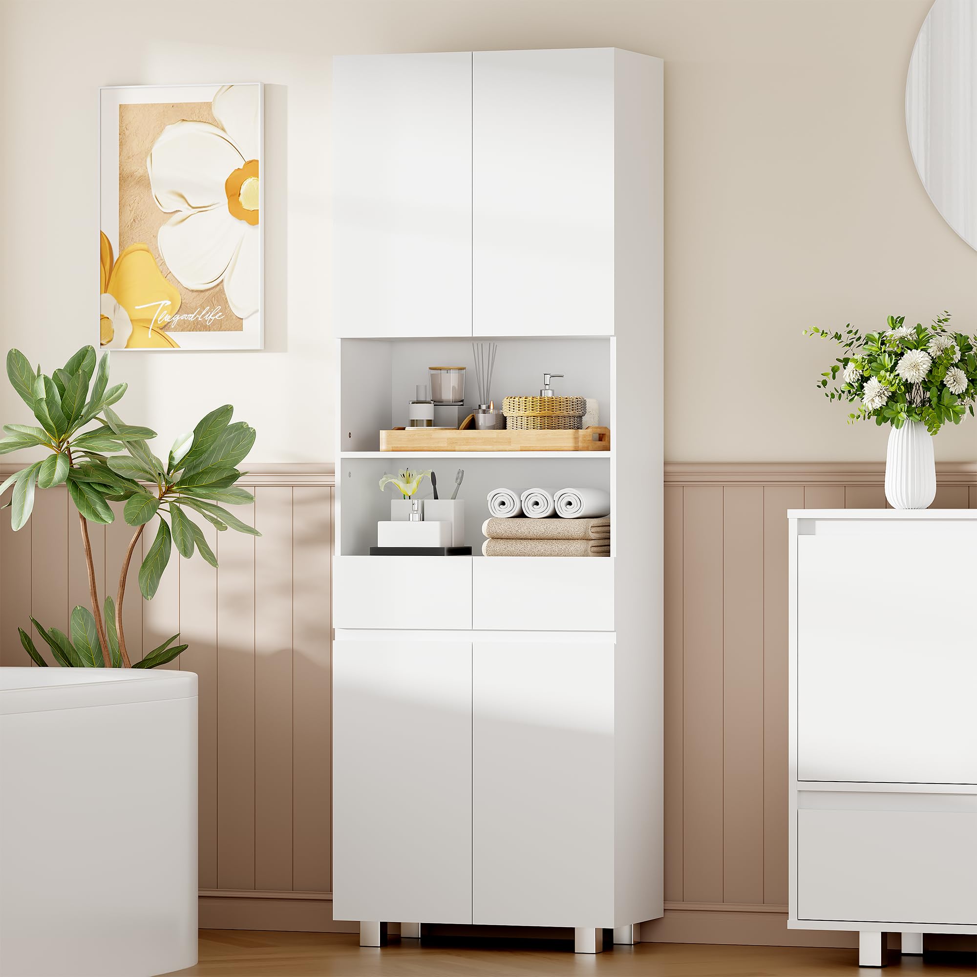 ANWBROAD Armoire de Salle de Bain,Meuble Colonne Salle de Bain,Meuble de Rangement,avec Étagères Réglables,2 Tiroir,Compartiments,pour Salon,Cuisine,30x60x180 cm,Blanc SBC012W