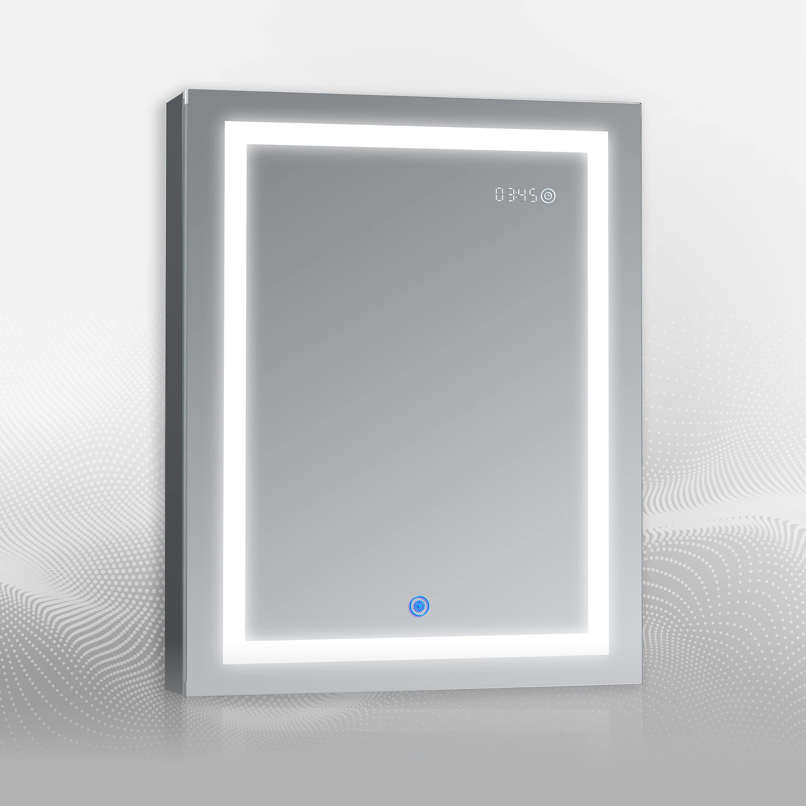 DECADOM LED Mirror Medicine Cabinet Recessed or Surface, Dimmer, Clock, Room Temp Display, Dual Outlets (Duna 24x32 RT)