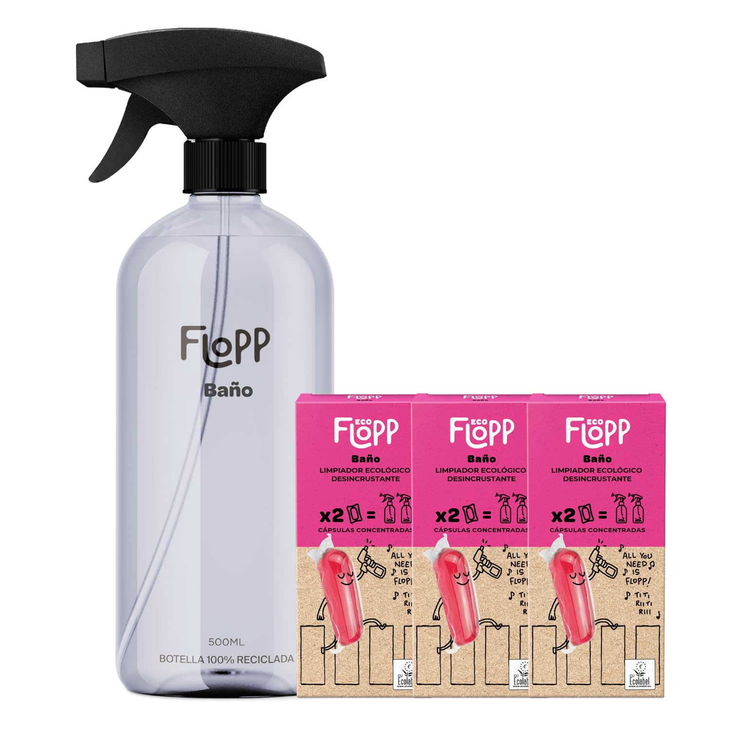 Flopp Limpiador de Baños Eco - Desincrustante - Eficaz contra la cal - Pack 6 Botellas de 500 ml (3L) - Formato ultraconcentrado - Ecolabel & Certificación Vegan - Multiusos