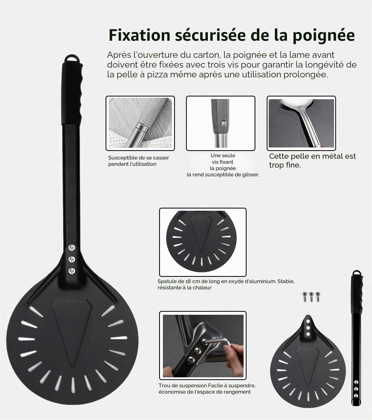 Ensemble de pelle à pizza perforées, pelle à pizza en aluminium anodisé avec poignées confortables et amovibles, comprenant 7 et 12in pelle a pizza pour retourner et transporter les pizzas.