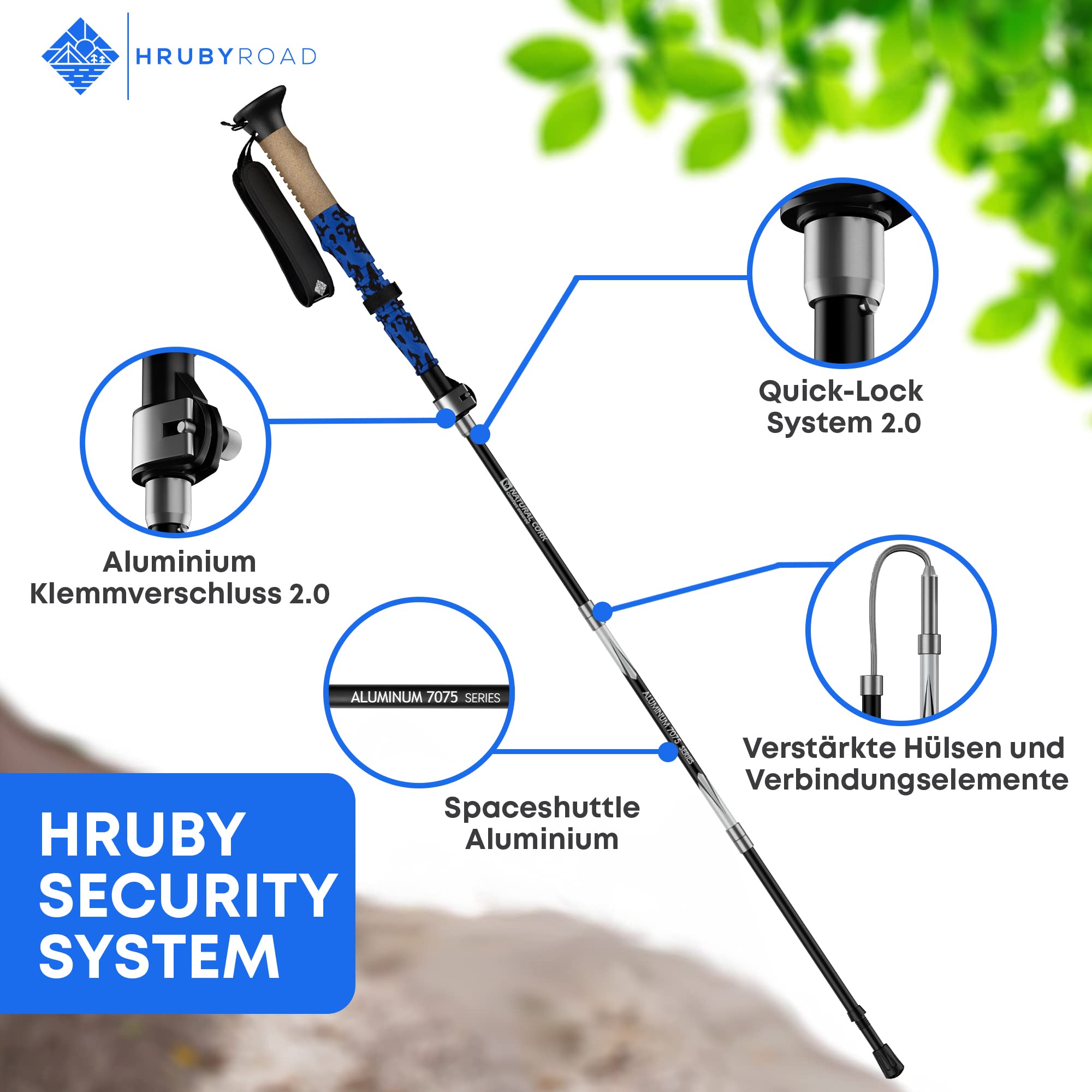 HrubyRoad® Wanderstöcke Teleskop Faltbar | Nordic Walking Stöcke Damen und Herren | Ultrastabile Trekkingstöcke [mit 6 Aufsätzen] | Echt Kork Griff