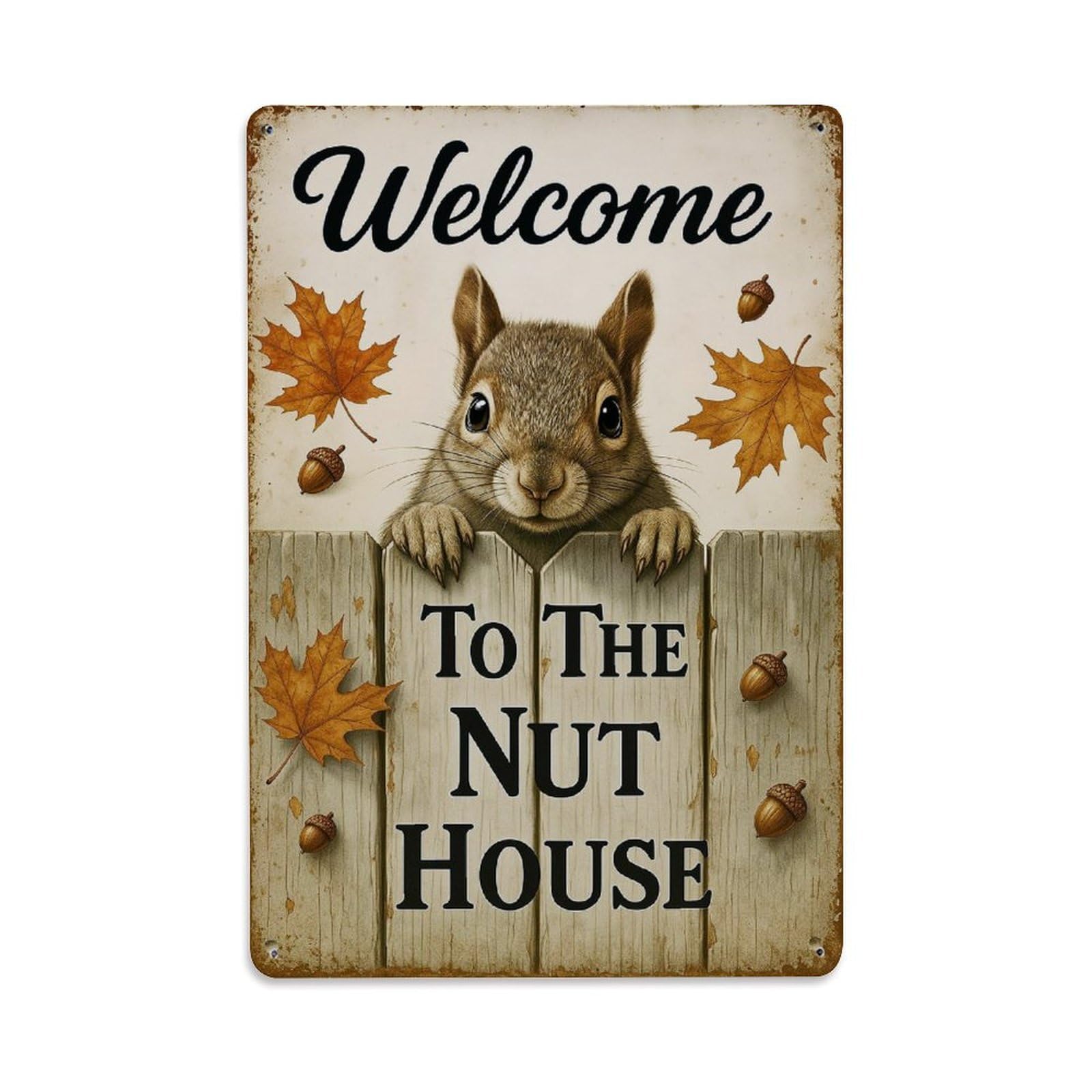 Squirrel Leaves Acorns Wood Sign Vintage Tin Sign Retro Metal Wall Decor Metal Poster, Home Bar Garage Farmhouse Cafe Wall Art Decoration 8x12Inches