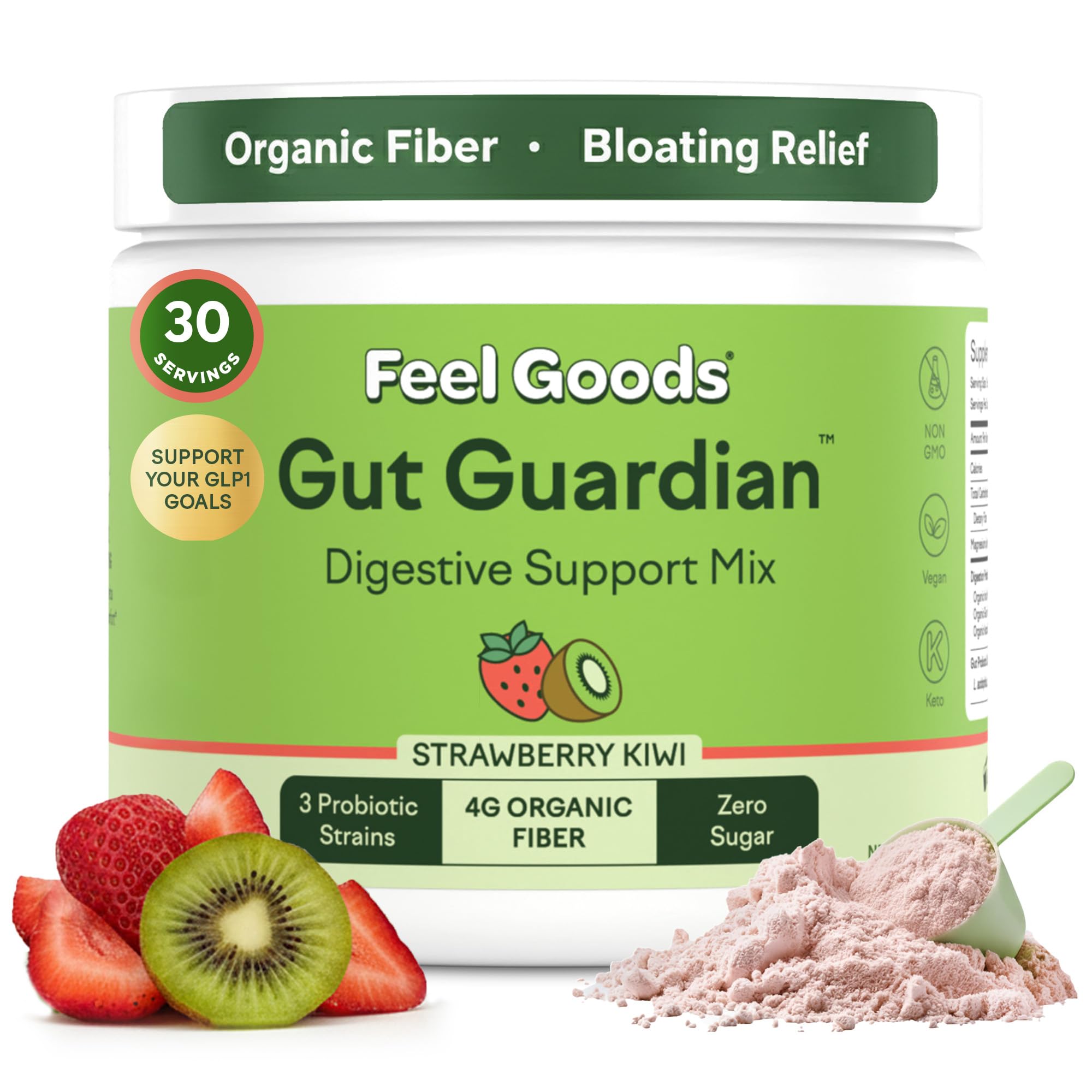Feel Goods Gut Guardian, Digestive Health Powder Drink Mix - Probiotic Fiber Powder with Prebiotics & L Glutamine for Gut Health, Bloating Relief & Digestion Support - Zero Sugar & Organic Flavor