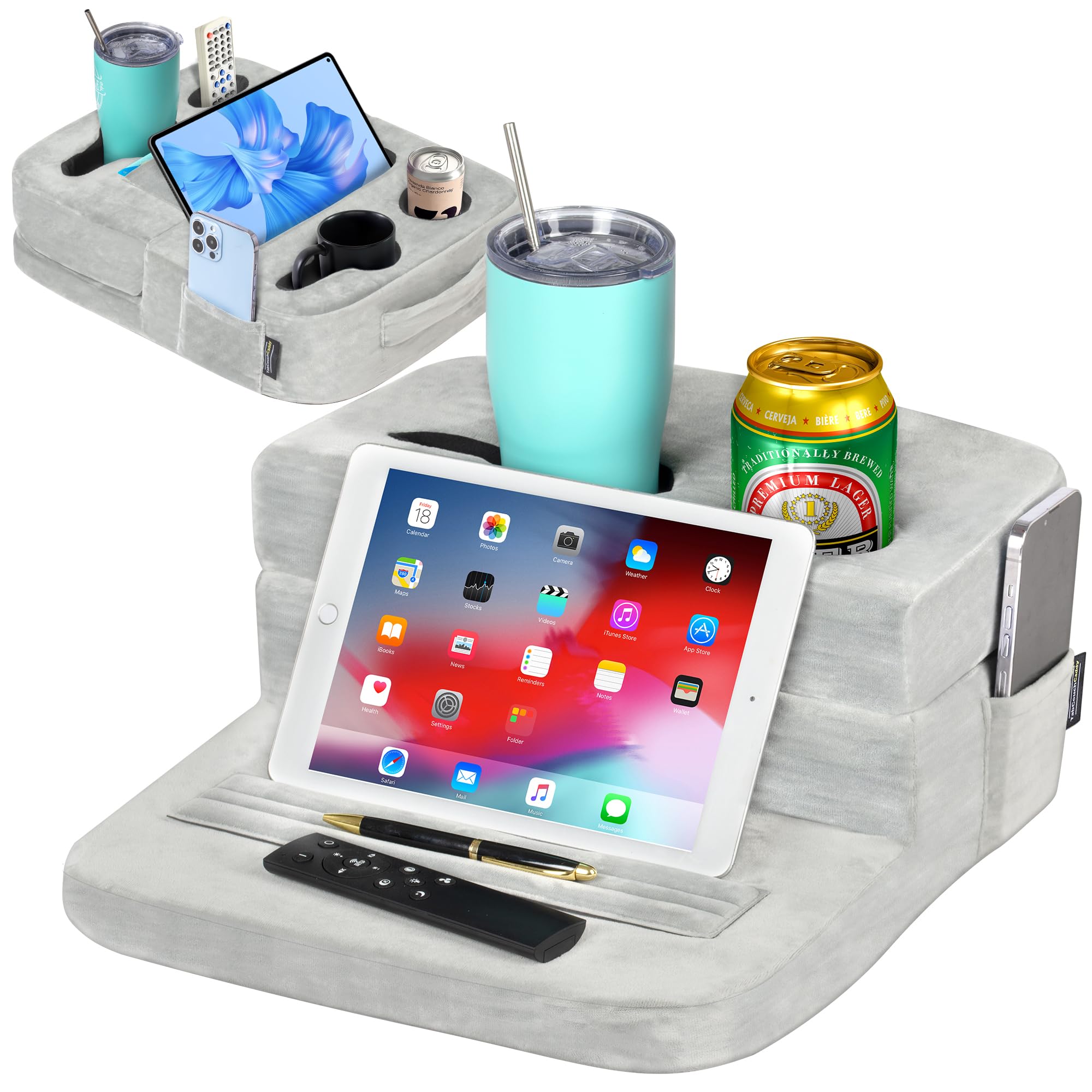 TabCouchCaddy - Couch Cup Holder Tray Pillow - Bed, Couch Caddy, Sofa, RV & Car - Holds Drinks, Snacks, Remotes, Phones, Kindle, Tablet | Bed Cup Holder (): Grey
