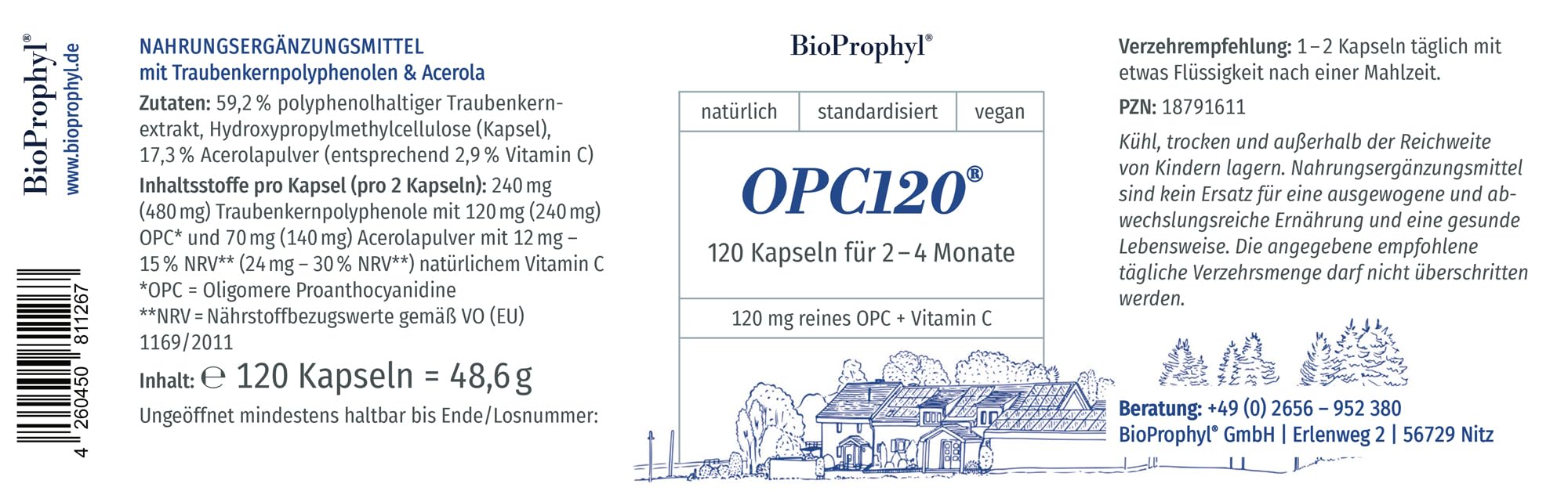 OPC120® plus Acerola - Das Original - 120 mg reines OPC aus 300 mg Traubenkernextrakt ohne Magnesiumstearat - zertifiziert - mit Vitamin C aus der Acerolakirsche - 120 Kapseln