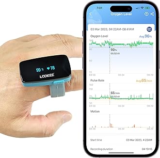 LOOKEE O2 Monitor | Oxygen & Heart Rate Tracker | Vibrating Notification for Low O2 Level | Free Mobile App for Sleep Insights | Fitness, Sports Or Aviation Use Only
