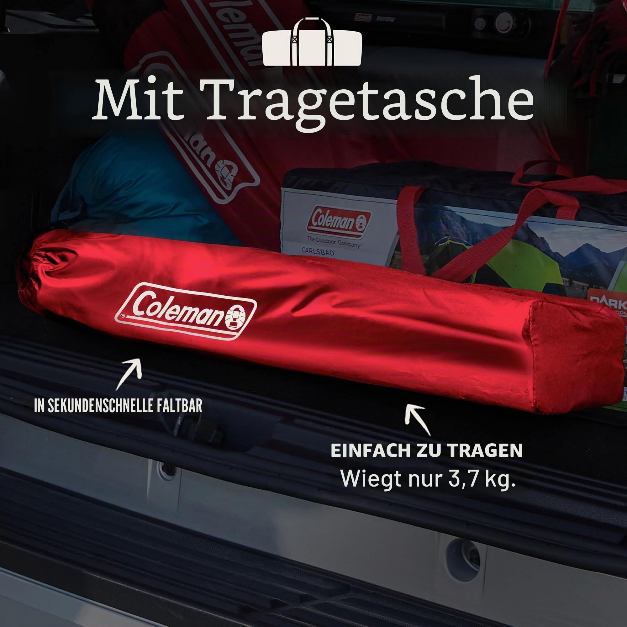Coleman Tragbarer Campingstuhl mit 4-Dosen-Kühler, voll gepolsterter Sitz und Rückenlehne mit Seitentasche und Getränkehalter, Tragetasche inklusive, Klappstuhl für Camping, Heckklappen, Strand und