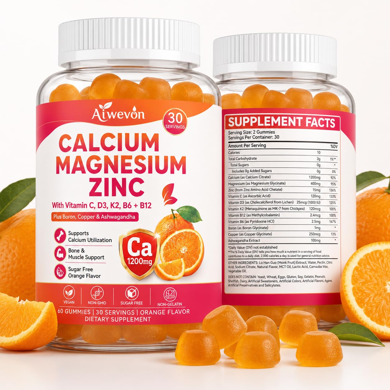 Calcium Magnesium Zinc Gummies with Vitamin D3 K2, Vegan Sugar Free Calcium Gummies for Women & Men, Calcium Magnesium Supplement Essential Vitamins Minerals, Chewable Daily Wellness Gummies, 60 Count