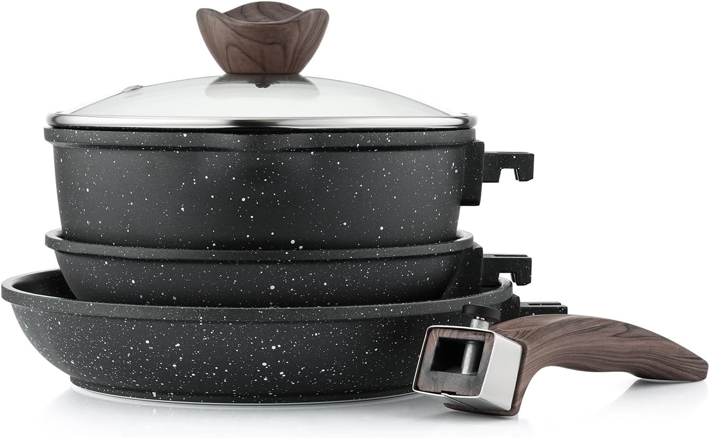 Pots and Pan Set Nonstick, 5 Pcs Non Toxic Cookware Set, Induction Cookware Sets with Removable Handle, Kitchen Cookware Set for Cooking, Black