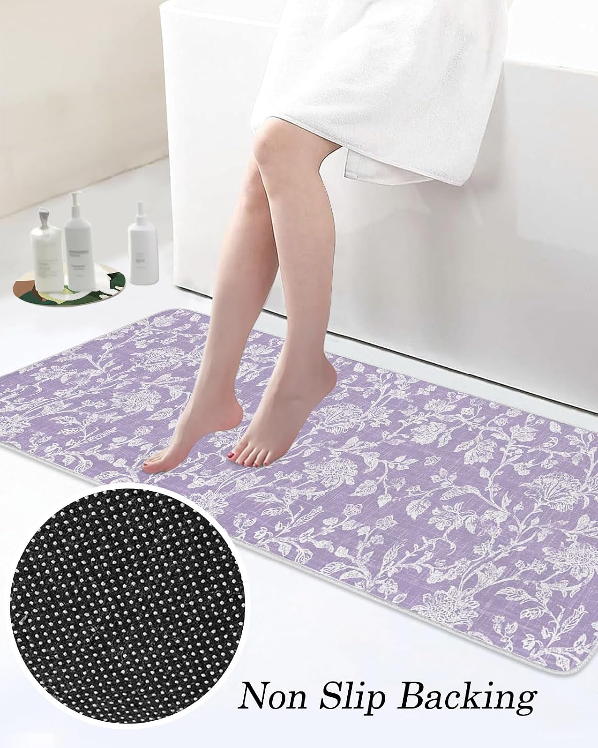 Purple Floral Kitchen Mats Set of 2 Pastoral White Lavender Petal Leaf Botanical Non Slip Mat Washable Floor Rug for Kitchen Sink Floor Laundry, 23.6"x35.4"+23.6"x70.9"