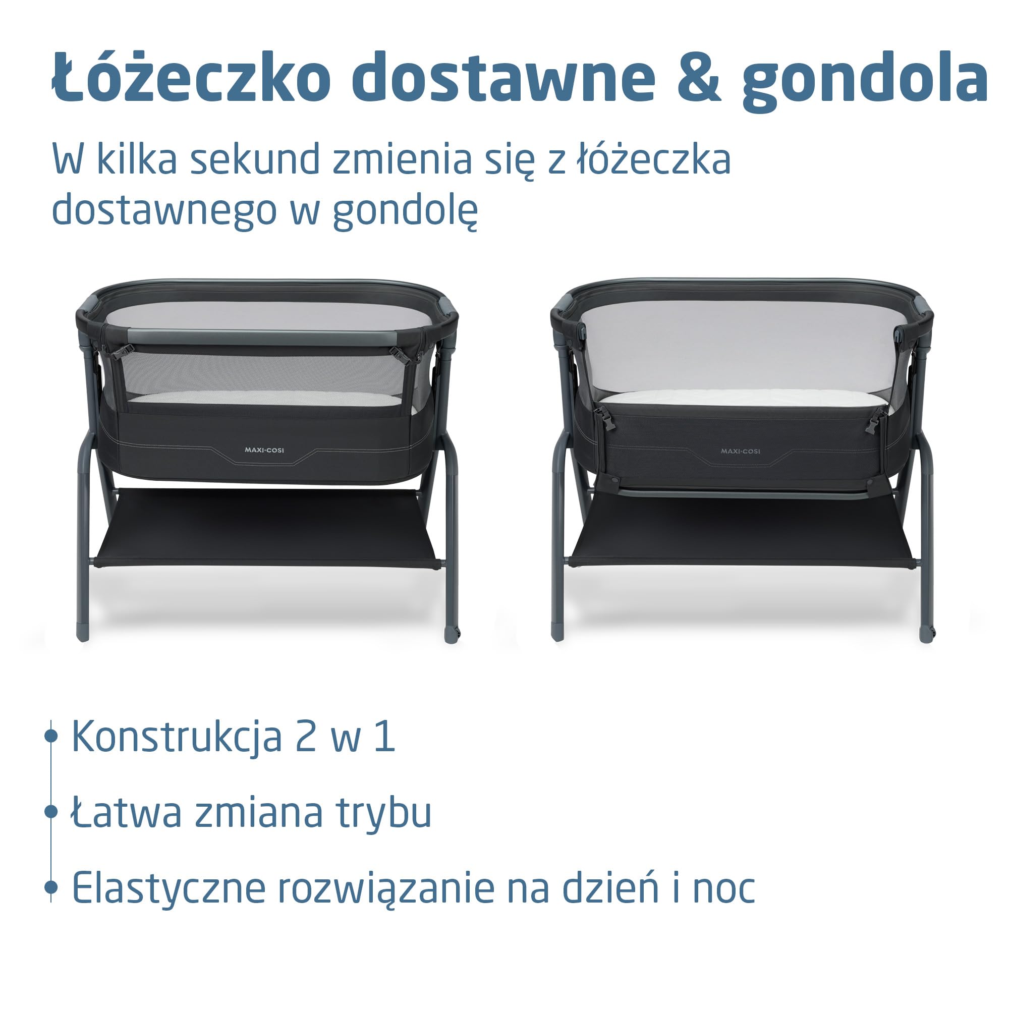 Maxi Cosi Iora² Dostawka do Łóżka, 0–6 Miesięcy (9 kg), Składane Lekkie Łóżeczko Dostawne, Materac CloudCore o Grubości 5 cm, 5 Wysokości, 2 Kółka, Łatwe Przesuwanie, Elegance Graphite