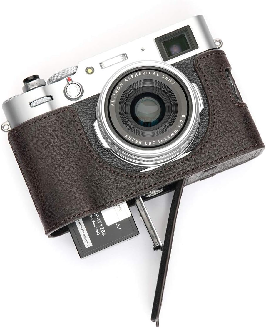 Fujifilm X100V Camera Case, BolinUS Handmade Genuine Real Leather Half Camera Case Bag Cover for Fujifilm Fuji X100V Camera Bottom Opening Version + Hand Strap (Coffee)