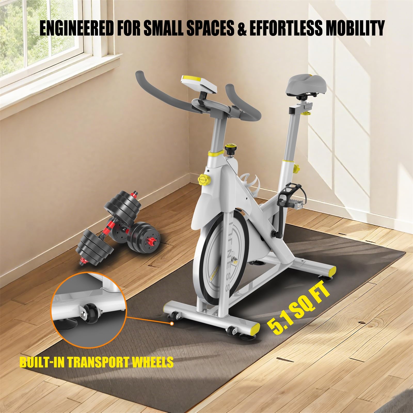 Stacjonarny rower treningowy dla użytkownika o maksymalnej wadze 150 kg z łącznością Bluetooth, monitorem LCD, kołem zamachowym o ciężarze 13,6 kg, regulowanym siedzeniem i uchwytem na tablet