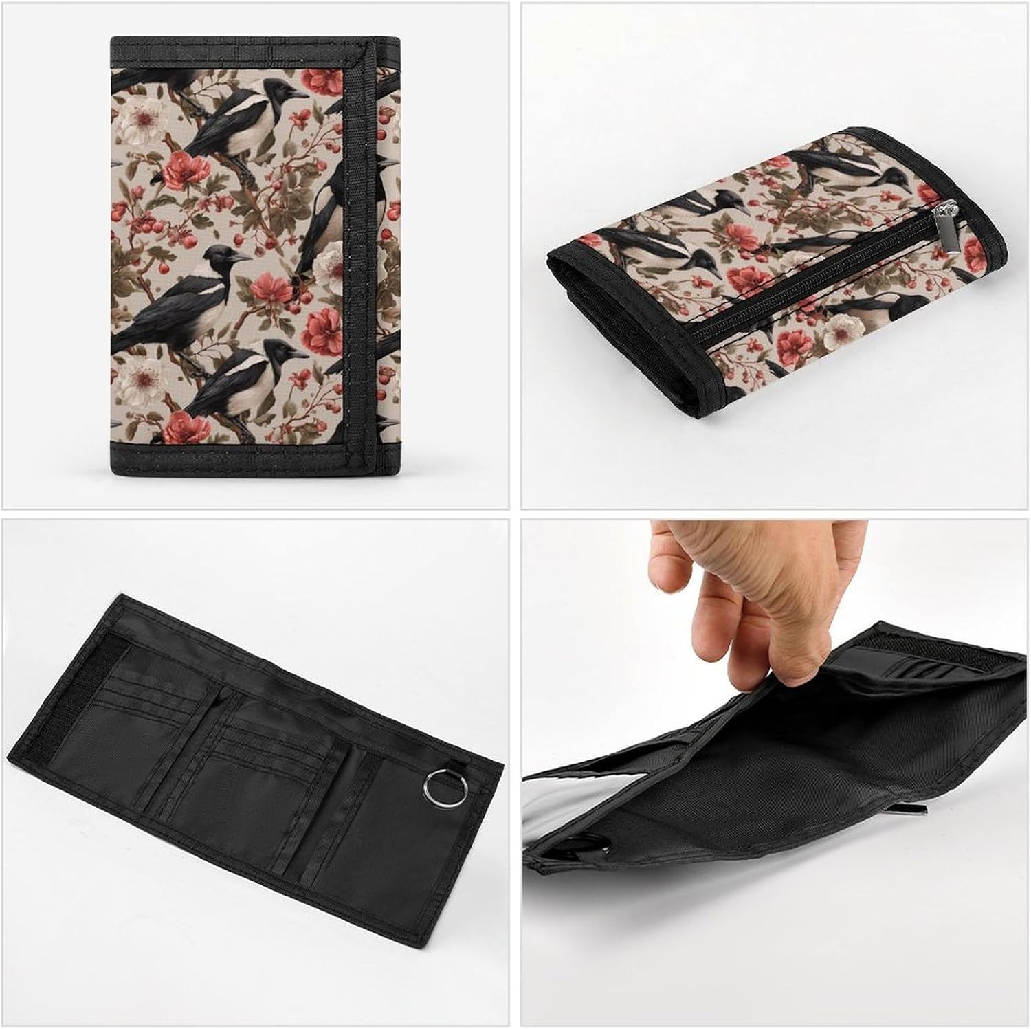 Bird Magpie And Flowers Trifold Slim Wallet Front Pocket With Money Clip And ID Credit Card Slots For Travel Work