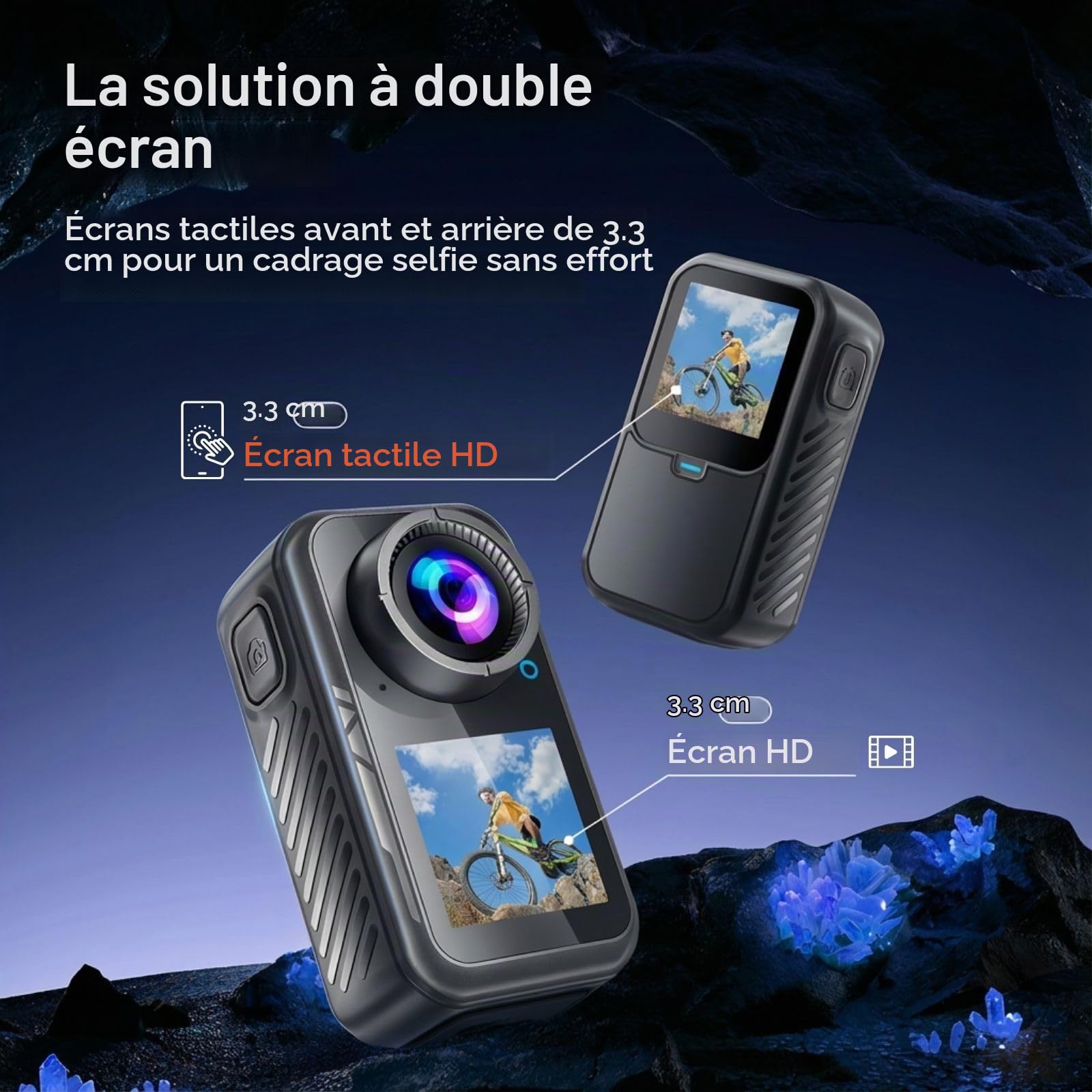Caméra Sport 5K 64MP, Mini Caméra d’Action Magnétique 66g, Double Écran 1,3", Caméra Vlog POV pour Vélo & Voyage, Stabilisation 1080P, Étanche 30M avec Boîtier, Carte 64Go