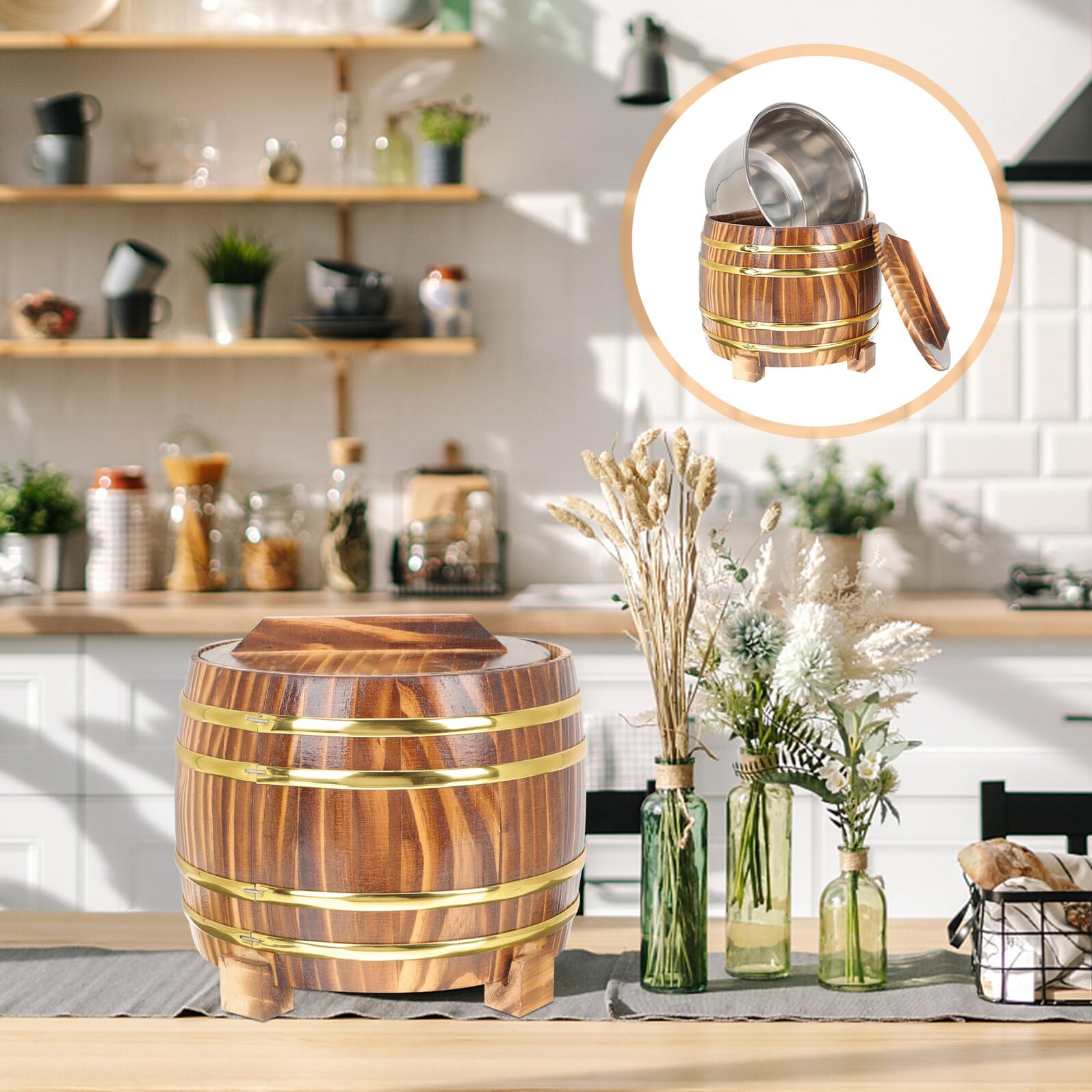 Cabilock Secchio per Riso al Vapore in Legno 18 CM Coperchio e Interno in Acciaio Resistente Contenitore Rotondo per Riso Domestico Adatto per Cucina Casalinga Ristoranti e Sushi