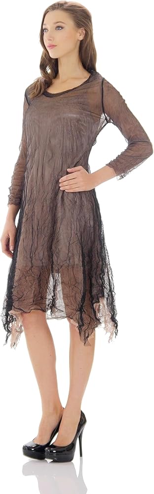 MELODY Women's 3/4 Sleeve Double Layer Crinkled Mesh Midi Dress Black/Mocha  at Amazon Women's Clothing store