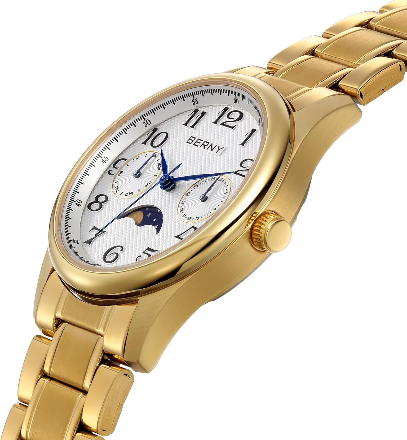 BERNY Gold Watch for Women Moon Phase Watches Ladies Quartz Wristwatch Easy Read Arabic Numerals Dial Multi-Function Analog Watches Stainless Steel Case Sub-dail with Date Day Calendar - Image 2