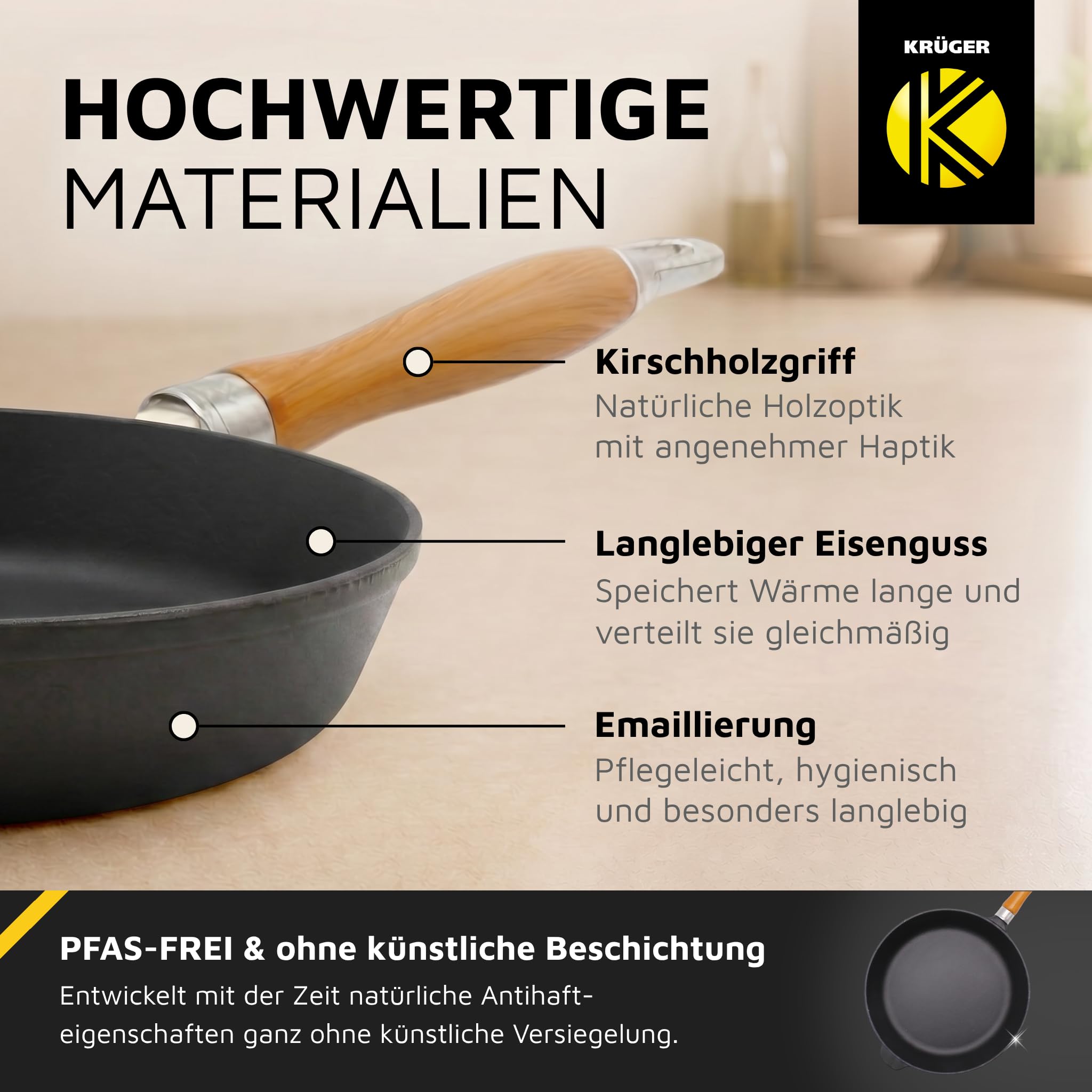 KRÜGER Eisenguss-Pfanne Rustica, Emaile, Ø 28 cm, Schwarz