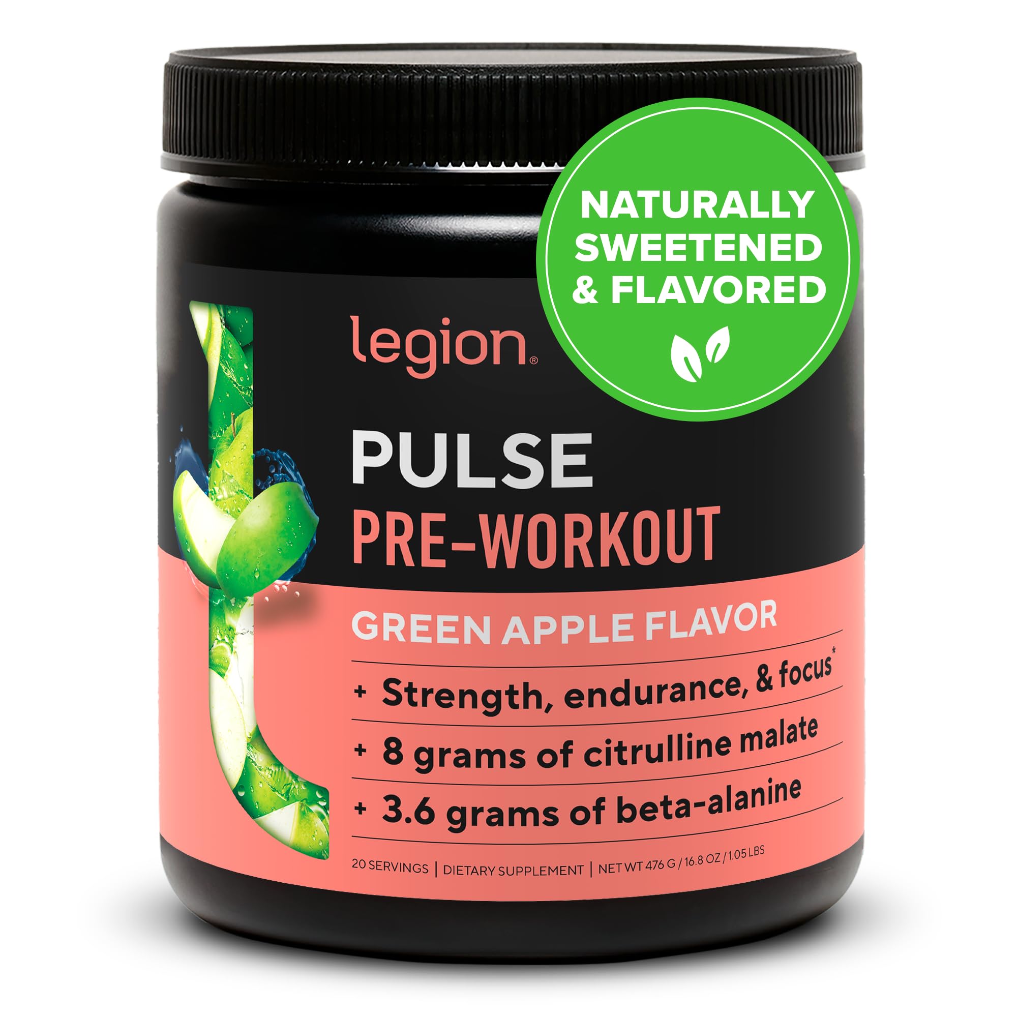 LEGION Pulse Pre Workout Supplement - All Natural Nitric Oxide Preworkout Drink to Boost Energy, Creatine Free, Naturally Sweetened, Beta Alanine, Citrulline, Alpha GPC (Green Apple)