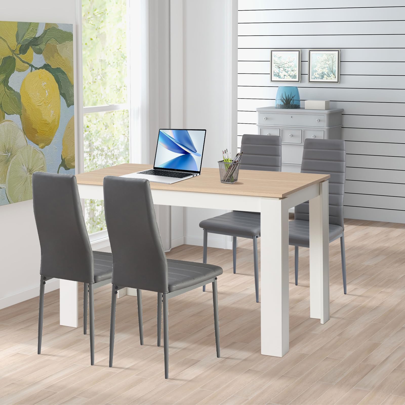 Table à Manger, Table de Cuisine en Bois, Style Scandinave, 4 Personnes, 120x70x75cm, Chêne et Blanc