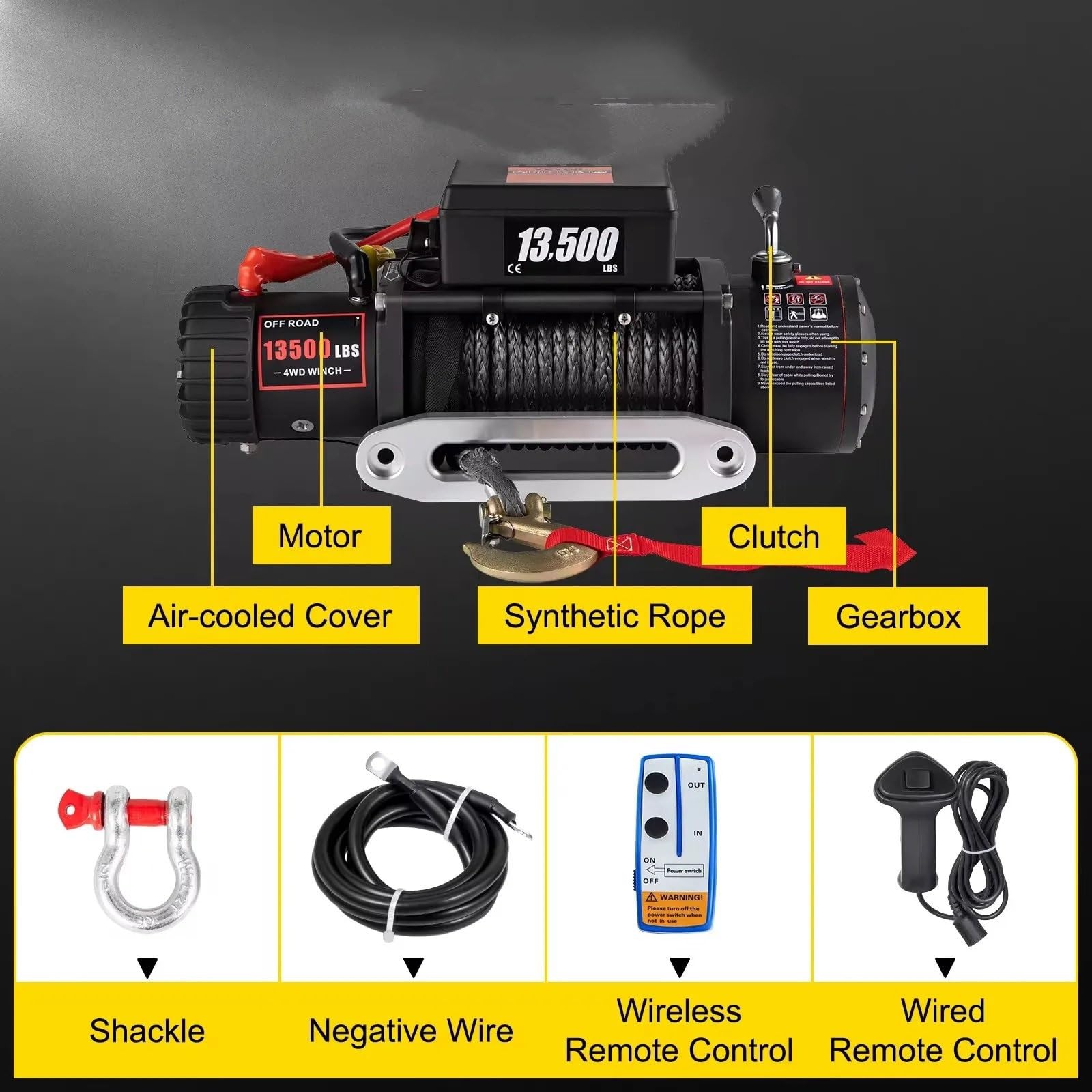 Wciągnik elektryczny Wyciągarka 13500LBS, 12V, do samochodów elektrycznych, ciężarówek, z liną syntetyczną 27M, bezprzewodowym i przewodowym pilotem Wciągarki elektryczne
