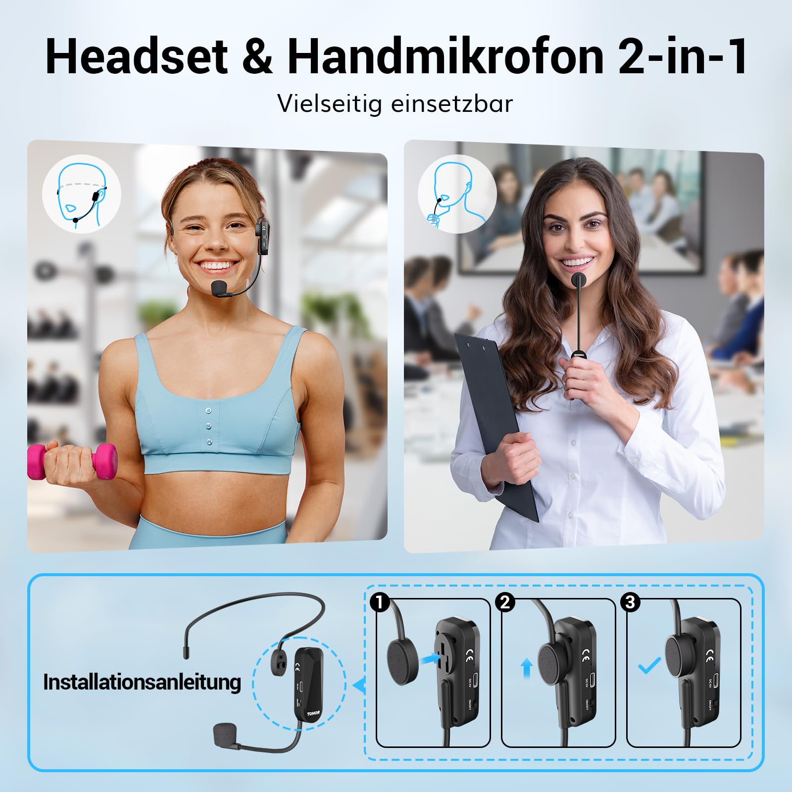 TONOR Wireless Mikrofon Headset, UHF Wiederaufladbares Drahtloses Mikrofon, 20 Kanäle mit 20m Kabelloser Übertragung, Für Fitness, Unterricht, Führungen, Sprachverstärker