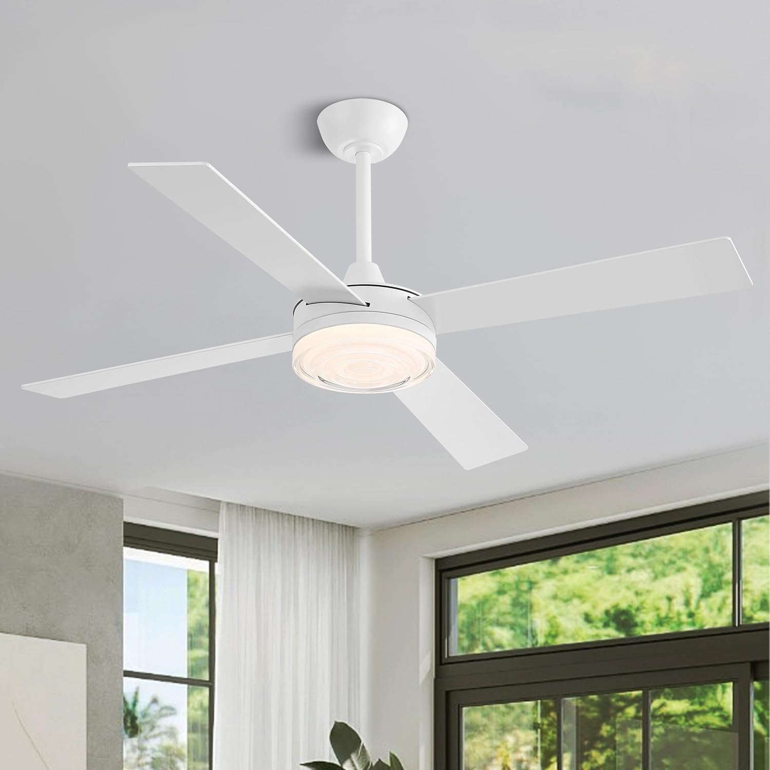 WINGBO 52 Inch Ceiling Fan with Lights and Remote, 3CCT, Modern Ceiling Fan with Ripple Glass Shade, 6-Speed Reversible DC Motor for Bedroom Living Room Kitchen Hallway, Gloss White