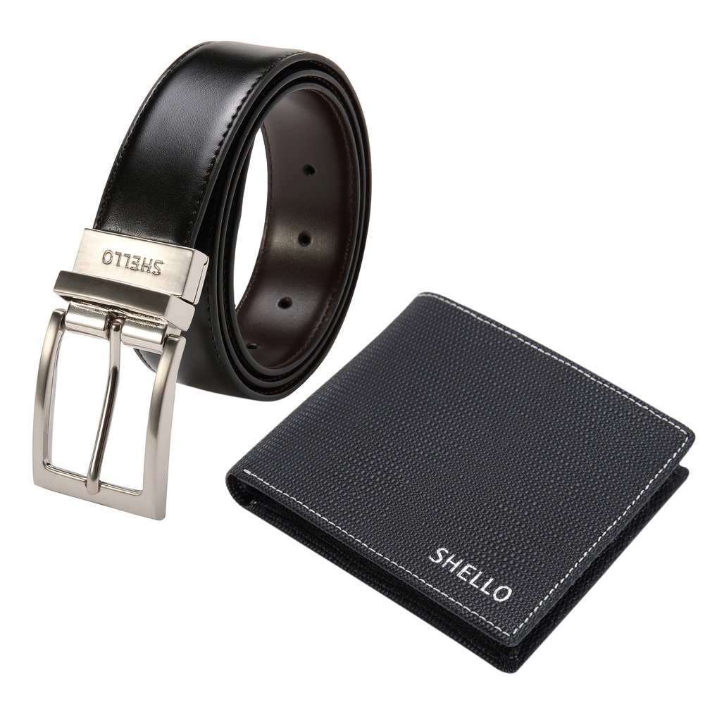 Shello Men's Leather Bifold Wallet and Two-Sided Reversible Belt Gif Set, Black
