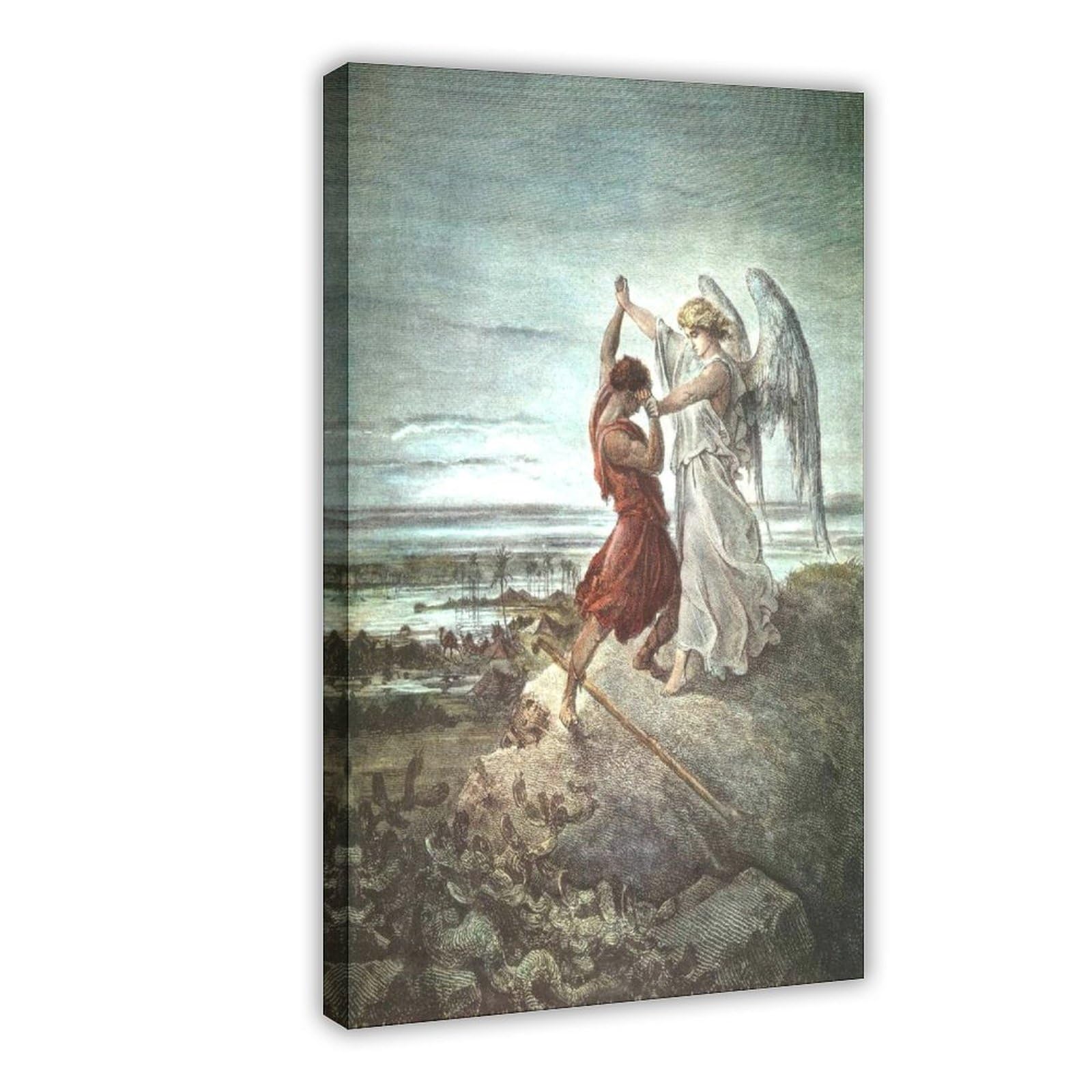 WCYB Gustave Dore Jacob Wrestling With The Angel in Color Posters Prints Canvas Deco Paintings Wall Art Hangable Frame 24" L X 36" W