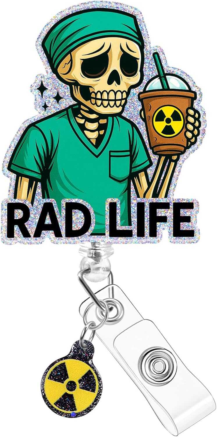 Plifal Nurse Badge Reel Holder Clip - RAD Tech Radiology Skull Retractable ID Name Card Badge Reel with Charm Alligator Clip, Nurse Nursing Office Medical Worker Student Accessories Gifts