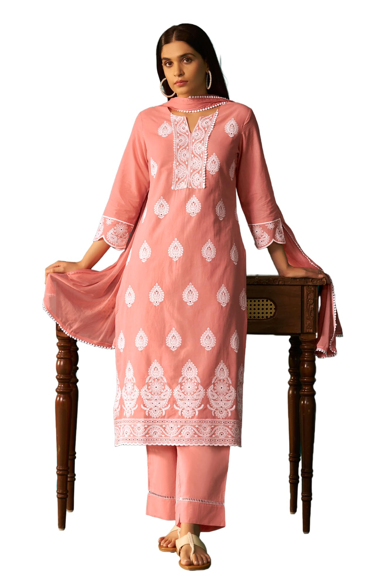dresoul Women's Pure Cotton Embroidered Kurta Set for Women, Schiffly Work Salwar Suit Set With Chiffon Dupatta, Coral Pink, 3 Piece Ethnic Wear Kurta sets-picture-29