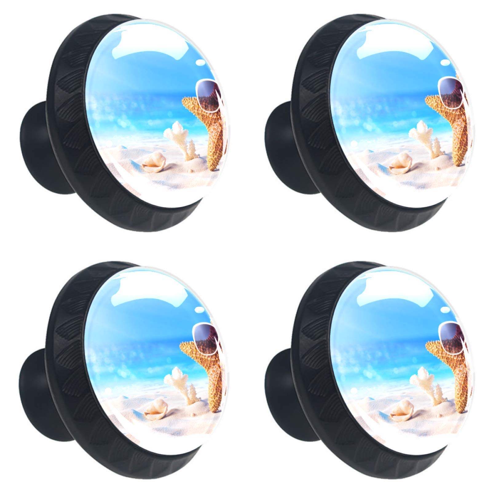 Boutons ronds en verre étoile de mer 30mm pour meuble et tiroir de cuisine | Lot de 4