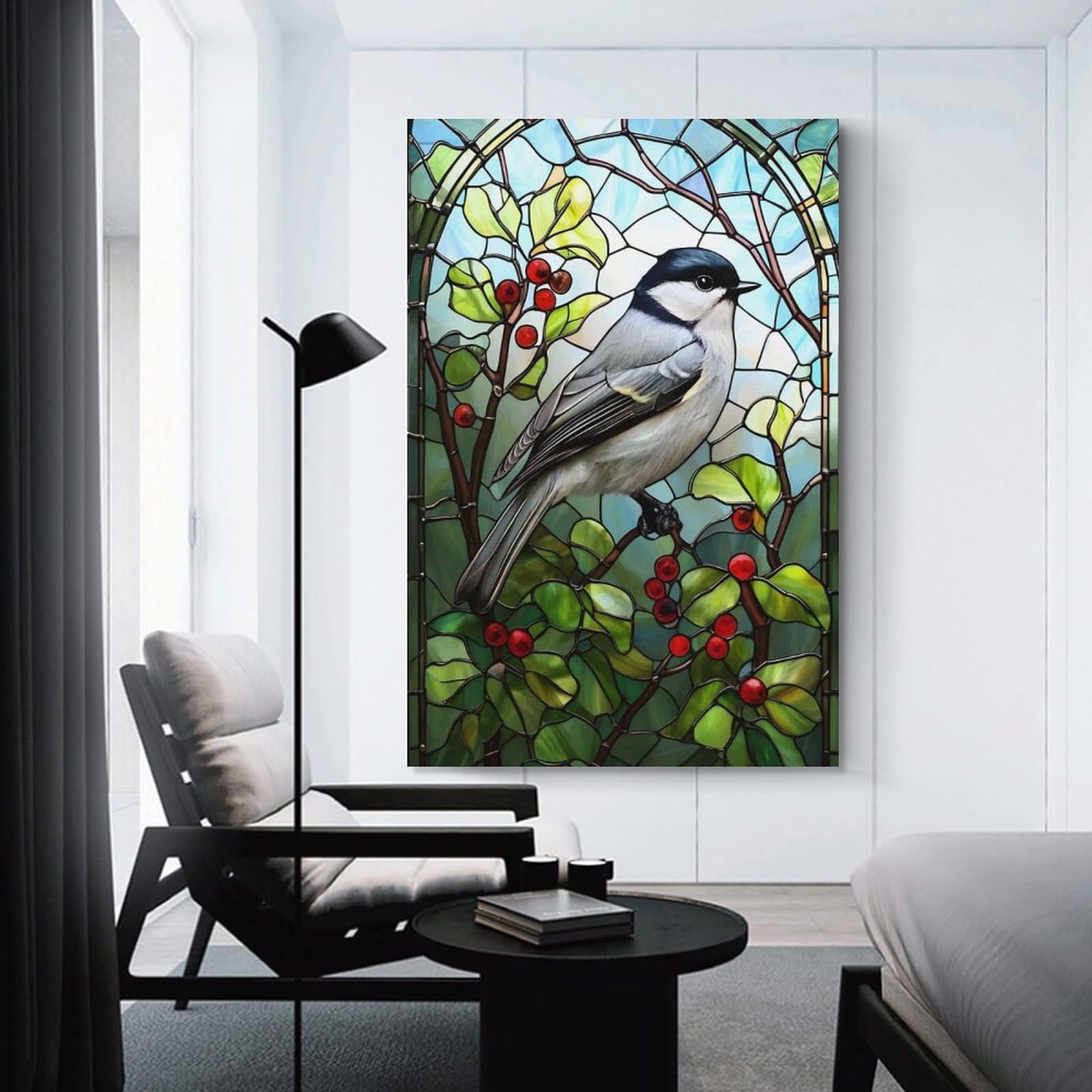 Junmoney Room Decor Wall Art Stained Glass Titmouse, 24x36inch(60x90cm), for Living Room, Lounge Or Sitting Room, Canvas Styling for A Polished Room Look