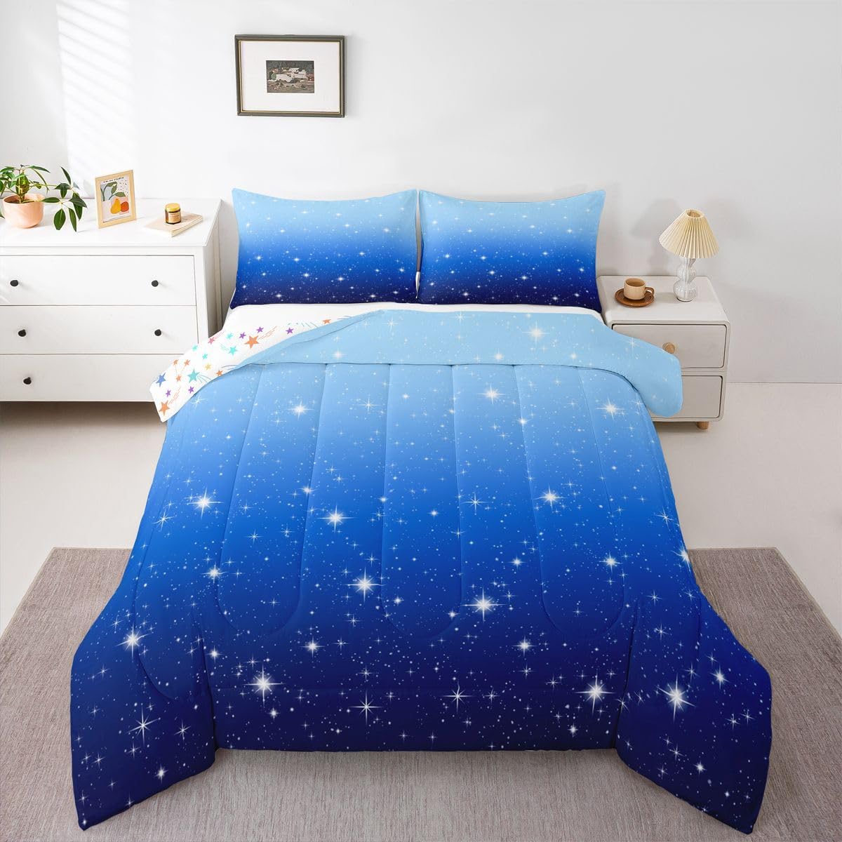 Erosebridal Blue Glitter Comforter Set Queen for Boys Girls, Sparkle Galaxy Twinkle Starlight Bedding Set for Kids Teens Adult, Ombre Pastel Duvet Sets Starry Sky Quilted Duvet with 2 Pillow Cases