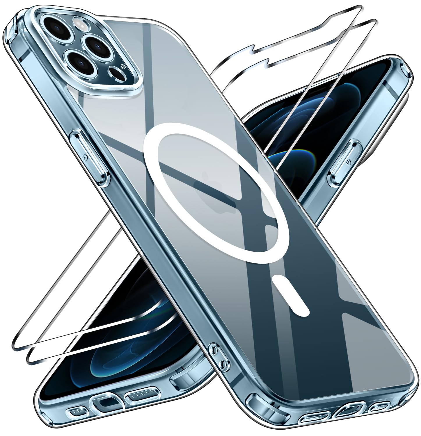 iVoler Cover Magnetica per iPhone 12 Pro Max con 2 Pezzi Vetro Temperato, [Compatibile con MagSafe] Custodia Protettiva Sottile [Anti-Ingiallimento] [Grado Militare] Antiurto, Trasparente