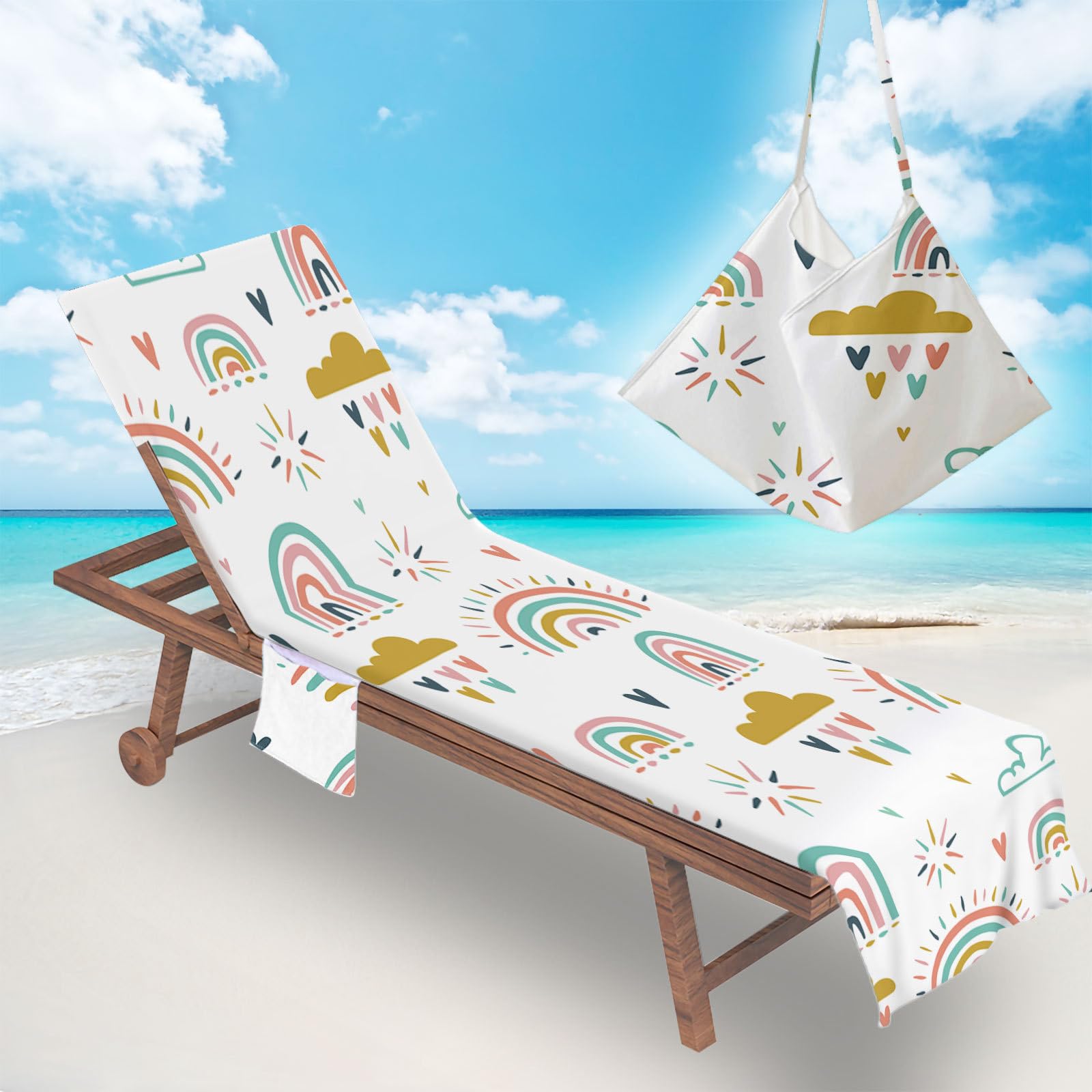 RRrawgff Sun Lounger Beach Towel with Pockets, Rainbow Pattern Beach Lounger Towel Beach Chair Cover Towel Fitted Microfiber Sunbed Towel Sun Lounger Towels for Summer Vacation (Cartoon)