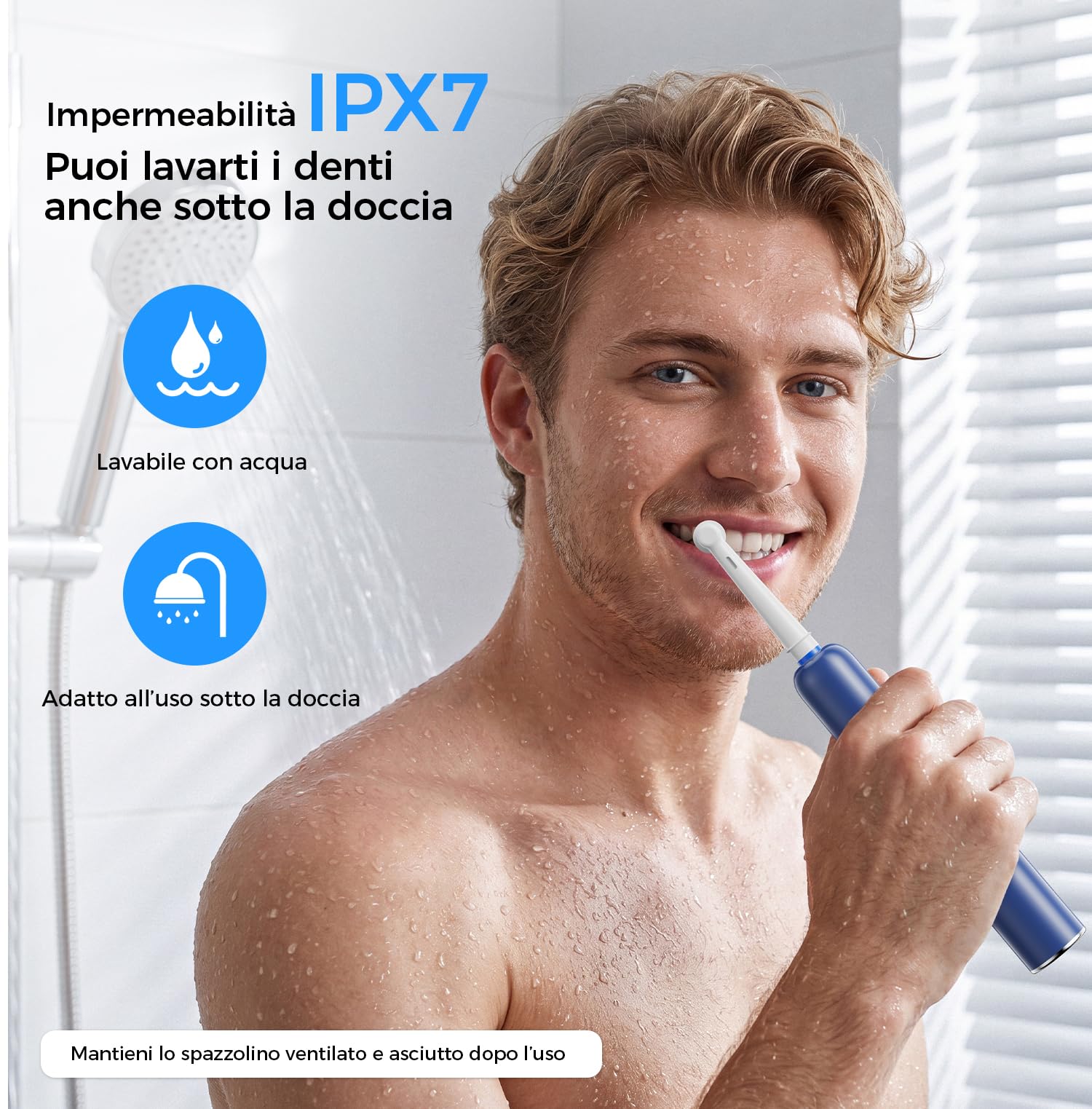 Spazzolino Elettrico Rotante per Adulti e Bambini, Blu | 5 Modalità, 8 Testine, Batteria 60 Giorni, Ricarica Rapida, 5000 RPM, Timer 2 min, IPX7 Impermeabile