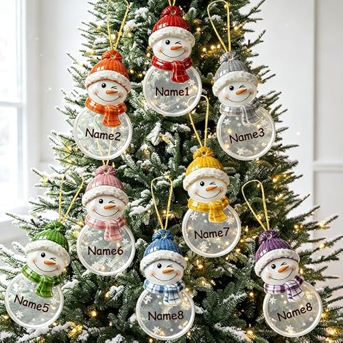 Personalized 2D Flat Acrylic Snowman Christmas Ornament Custom Name Knit Hat Scarf Round Hanging Decor,Thanksgiving Holiday Party Supplies Keepsake Gift for Family Kids Xmas Tree Window Decor